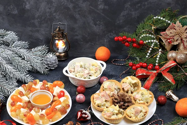 Christmas New Year Dishes Traditional Festive Salad Olivier Cheese Tomatoes — Stock Photo, Image