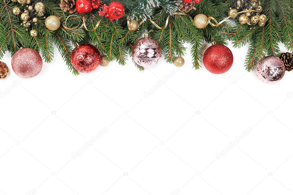 Christmas background and new year concept, winter banner, abstract defocused light background with decorations in snow, background image for advertising space for text,
