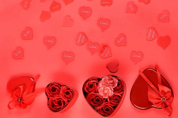 Cartolina San Valentino Festa Della Donna Sfondo Striscione Cuori Fiori — Foto Stock