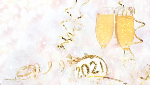 Champagne Holiday Decorations Christmas New Year Background Bokeh Lights Place — Stock Photo, Image