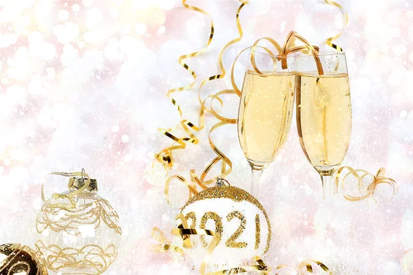 Champagne Vakantie Decoraties Kerstmis Nieuwjaar Achtergrond Met Bokeh Lichten Plaats — Stockfoto