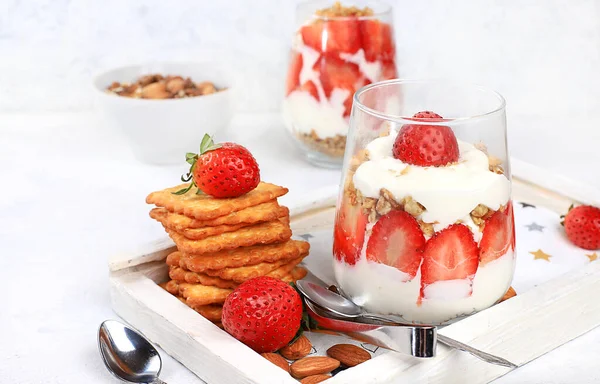 Strawberry Yogurt Berries French Cracker Muesli Bright Table Fruit Salad — Stock Photo, Image