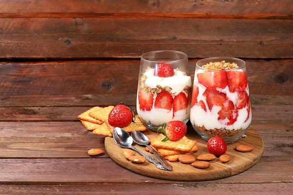 Strawberry Yogurt Berries French Cracker Muesli Wooden Table Fruit Salad — Stock Photo, Image
