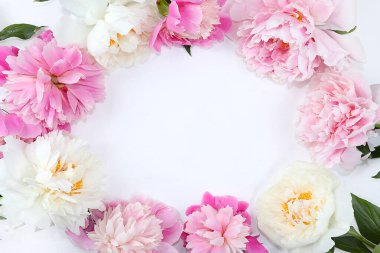 Soyut çiçek kompozisyonu düzlüğü, arka planda şakayıklar, minimum konsept, bahar afişi. Yaratıcı modern buket. Anneler günü için tebrik kartı, mutlu yıllar, düğün, mesajlaşma yeri.