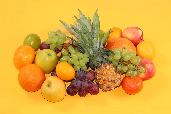 Frutas Tropicales Piña Pomelo Naranja Plátano Uvas Limón Pancarta Tienda —  Fotos de Stock
