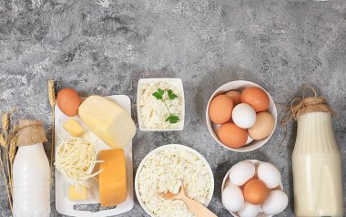 Çeşitli taze süt ürünleri, malzemelerle sağlıklı kahvaltı, doğal gıda konsepti, yazı için en iyi manzara, diyet yemeği, kırsal masa.,