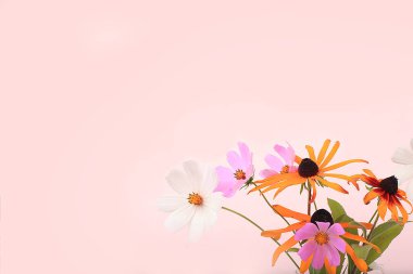 Soyut çiçek aranjmanı, bahar ya da sonbahar arkaplanı yazı için yer, minimum tatil konsepti, natürmort hayat, kartpostal. Mutlu anneler günü, mutlu kadınlar günü, mutlu yıllar, düğün, seçici odaklanma