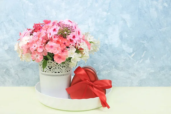 Phlox flowers in a vase, abstract floral arrangement, spring or autumn background with place for text, minimal holiday concept, still life, postcard. Happy mothers day, womens day, happy birthday, wedding, selective focus
