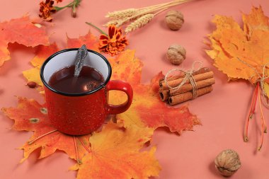 Sonbahar kompozisyonu düz, mevsimlik arka plan akçaağaç yaprakları, tarçın ve çay. Mutlu Şükran Günü konsepti, tebrik kartı, ekran afişi, üst görünüm, seçici odaklanma