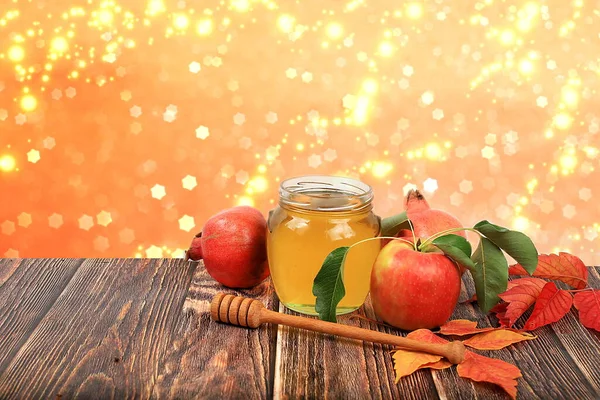 Autumn Composition Apples Honey Pomegranate Old Wooden Table Harvesting Concept — Stock Photo, Image