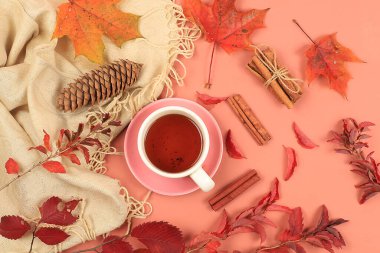 Autumn composition flat lay, seasonal background with maple leaves, cinnamon and tea, . Happy Thanksgiving concept, greeting card, banner for screen, clipart