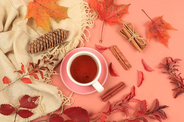 Autumn Composition Flat Lay Seasonal Background Maple Leaves Cinnamon Tea — Stock Photo, Image