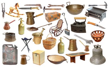 collage with very old objects over white clipart