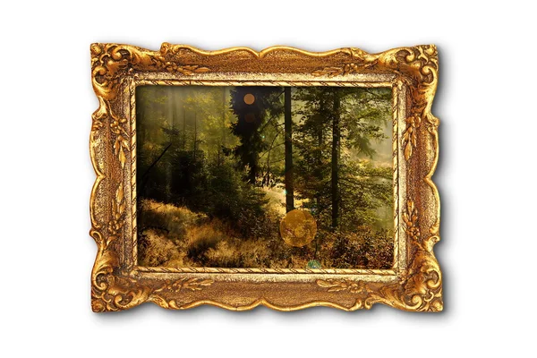 Image of beautiful forest in wooden painting frame — Stock Photo, Image