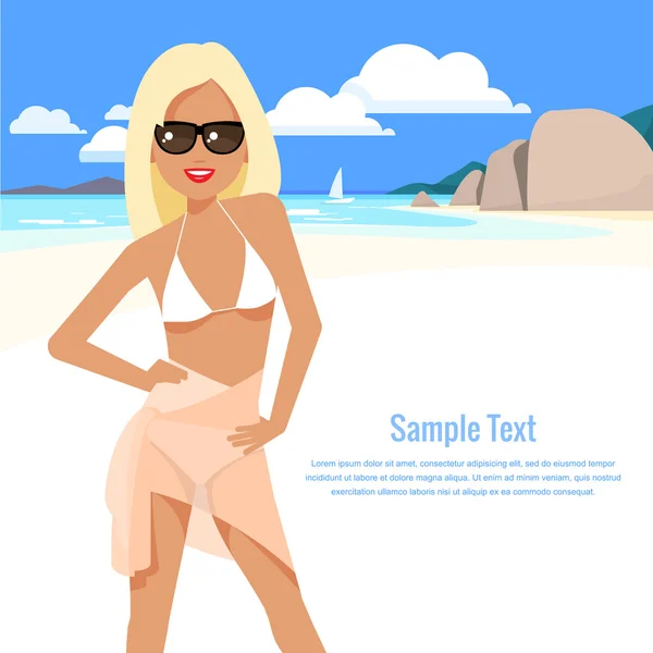 Cute girl in a bikini and pareo on the beach. — Stock Vector