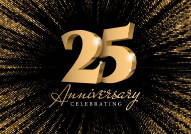 25. Yıl dönümü. Altın 3D numaraları. Merkezden siyah bir zemin üzerinde parıldayan şık bir altın parıltısının arka planına karşı. 20. yıl dönümü partisi için poster şablonu. Vektör