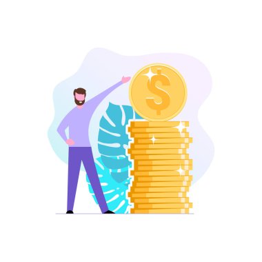 Finansal danışman veya yatırımcı bir yığın madeni paraya işaret ediyor. Başarılı bir iş adamı ya da modern bir girişimci. Servisler Finansal Danışmanlık ve Tasarruf. Düz bir tasvir. Vektör