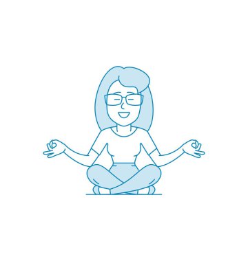 Kadın bacak bacak üstüne atmış bir şekilde yerde oturmuş meditasyon yapıyor. Karakter - gözlüklü bir kadın. Sakinlik, rahatlama, rahatlama. Stres atmak. Çizgi sanatı tarzında illüstrasyon. Vektör