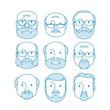 Yaşlı Adam Erkek İnsan Yüzü Saç Saç Bıyığı Kel İnsanlar Moda. Sosyal medya için düz avatar tasarla. Vektör illüstrasyonu