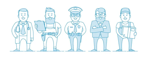 People are different professions. Labor Day. Doctor, builder, policeman, teacher, courier. Illustration in line art style. Vector