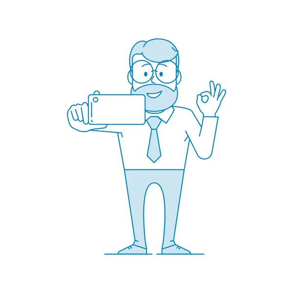 Šťastný Kancelářský Pracovník Dělá Selfie Gesto Pořádku Charakter Muž Brýlemi — Stockový vektor