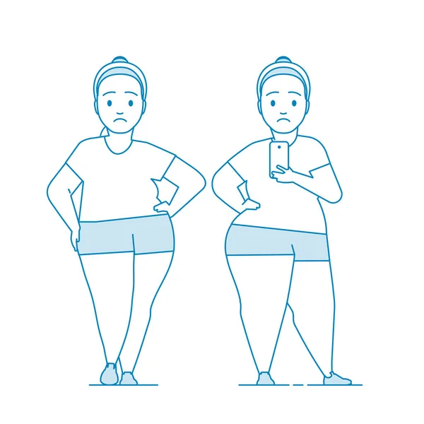 スポーツウェア姿の太った女の子が自撮り 若い女性は体に不満がある 肥満のプロセス 脂肪の人々に問題がある 線画風のイラスト ベクトル — ストックベクタ