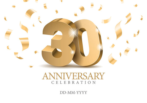 Годовщина 30. Золотые 3d танцевальные номера. Шаблон плаката для празднования 30-летия вечеринки. Векторная иллюстрация