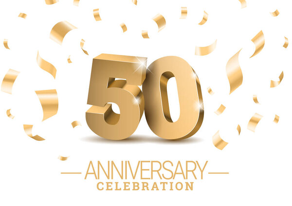 Anniversary 50. gold 3d dancing numbers. Poster template for Celebrating 50th anniversary event party. Vector illustration