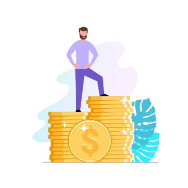 Finansal danışman ya da yatırımcı bir yığın madeni paranın üzerinde duruyor. Başarılı bir iş adamı ya da modern bir girişimci. Servisler Finansal Danışmanlık ve Tasarruf. Düz bir tasvir. Vektör