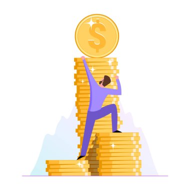 Finansal başarıya geçiş kavramı. Parasal bir yüksekliğe tırmanan bir adam. Düz bir şekilde resmetmek. Vektör