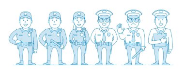 Bir grup polis karakteri. Kulüp kısıtlaması olan bir polis memuru ya da gözaltı. Protokollü devriye memuru. Eller arkada. Çizgi sanatı tarzında illüstrasyon. Vektör