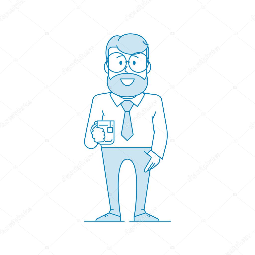 Character happy man with glasses and a beard drinks tea. Manager or office worker in a shirt with a tie holds a cup. Illustration in line art style. Vector