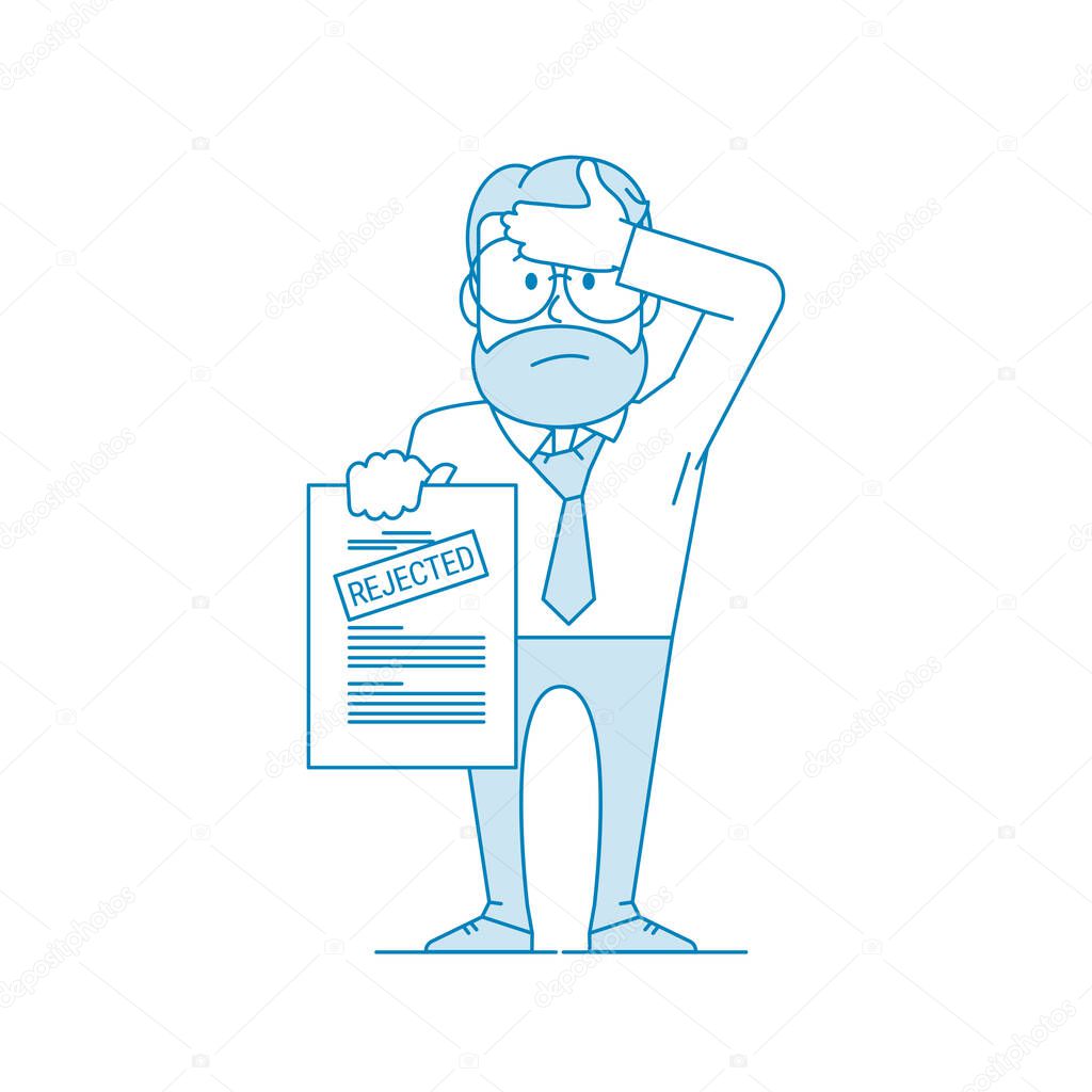 Dissatisfied man shows a document with a rejected inscription and holding his head . Denial of permission. Character - a man in glasses and with beard. Illustration in line art style. Vector