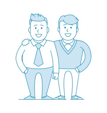 İki arkadaş ya da iş arkadaşı birlikte duruyorlar. Hafıza için fotoğraf. Uzman bir ekip. Birlikte olduğumuz için mutluyum. Çizgi sanatı tarzında illüstrasyon. Vektör