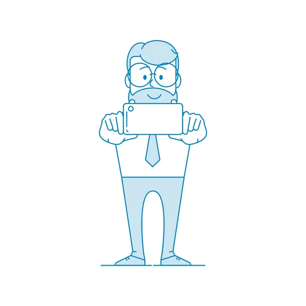 Щасливий Працівник Офісу Робить Селфі Характер Людина Окулярах Бородою Ілюстрація — стоковий вектор
