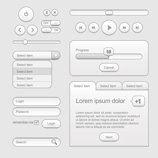 Ελαφρύ Web Ui στοιχεία σχεδιασμού γκρι. Στοιχεία: κουμπιά — Διανυσματικό Αρχείο