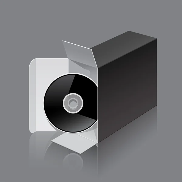 Caja negra del paquete abierto acostado en su lado con el disco DVD — Vector de stock