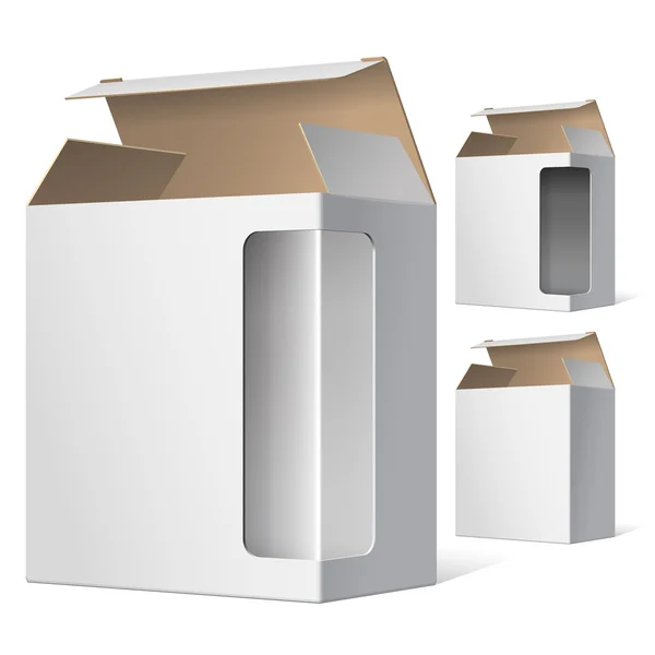 Caja de cartón de paquete abierto realista ligero con una ventana de plástico transparente. Ilustración vectorial — Archivo Imágenes Vectoriales