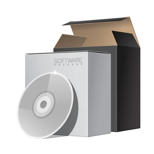 Caja de dos paquetes abierta con DVD o CD Disco. Para software, dispositivos electrónicos y otros productos. Ilustración vectorial — Vector de stock