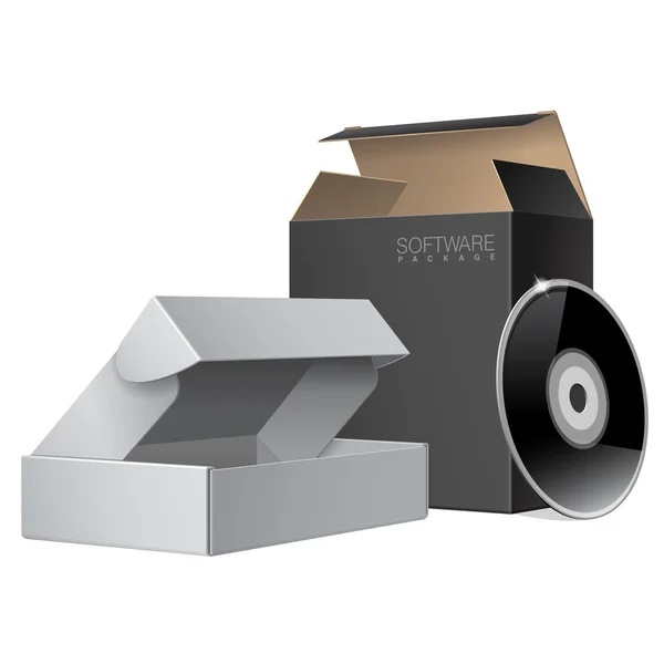 Caja de dos paquetes abierta con DVD o CD Disco. Para software, dispositivos electrónicos y otros productos. Ilustración vectorial — Archivo Imágenes Vectoriales