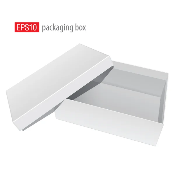 Witte leeg pakket doos geopend met de cover verwijderd. Voor schoenen, elektronisch apparaat en andere producten. Vectorillustratie — Stockvector