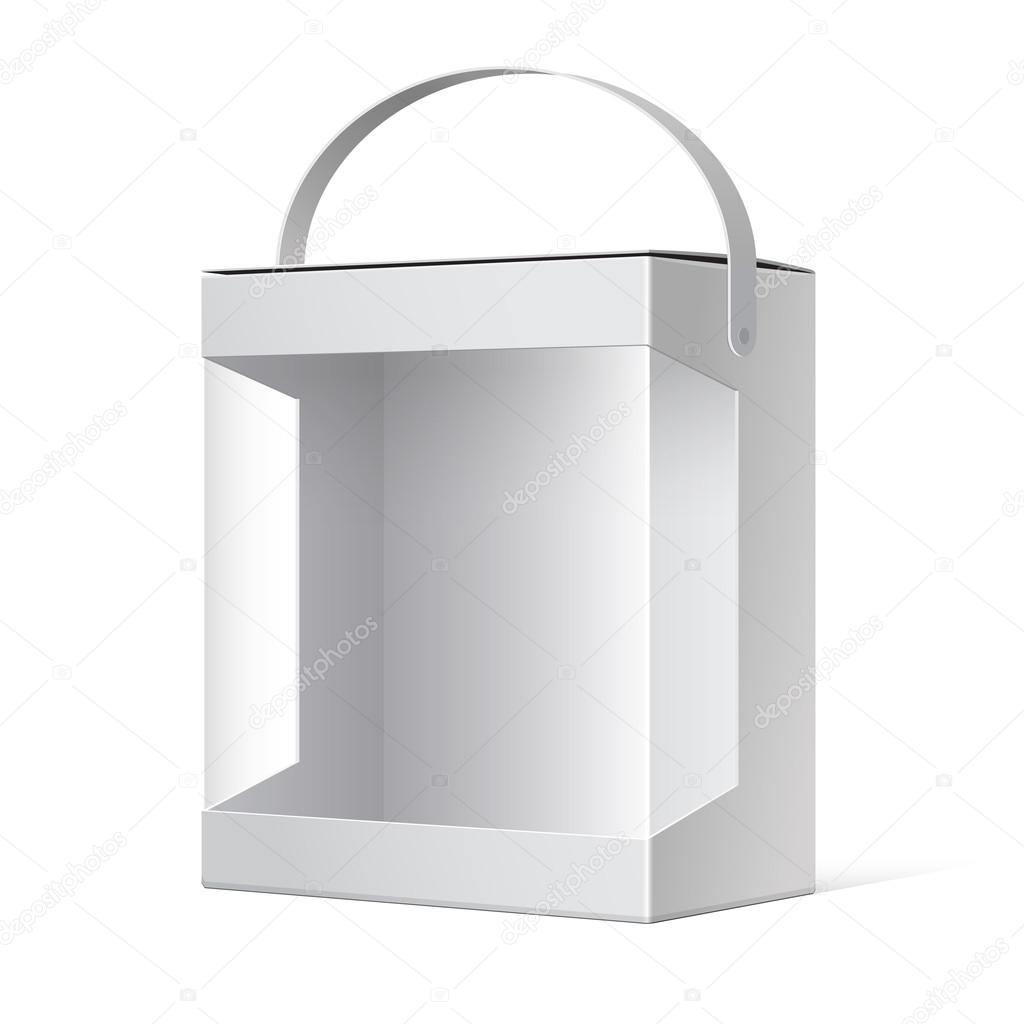 Light Realistic Package Cardboard Box with a handle and a transparent plastic window. Vector illustration