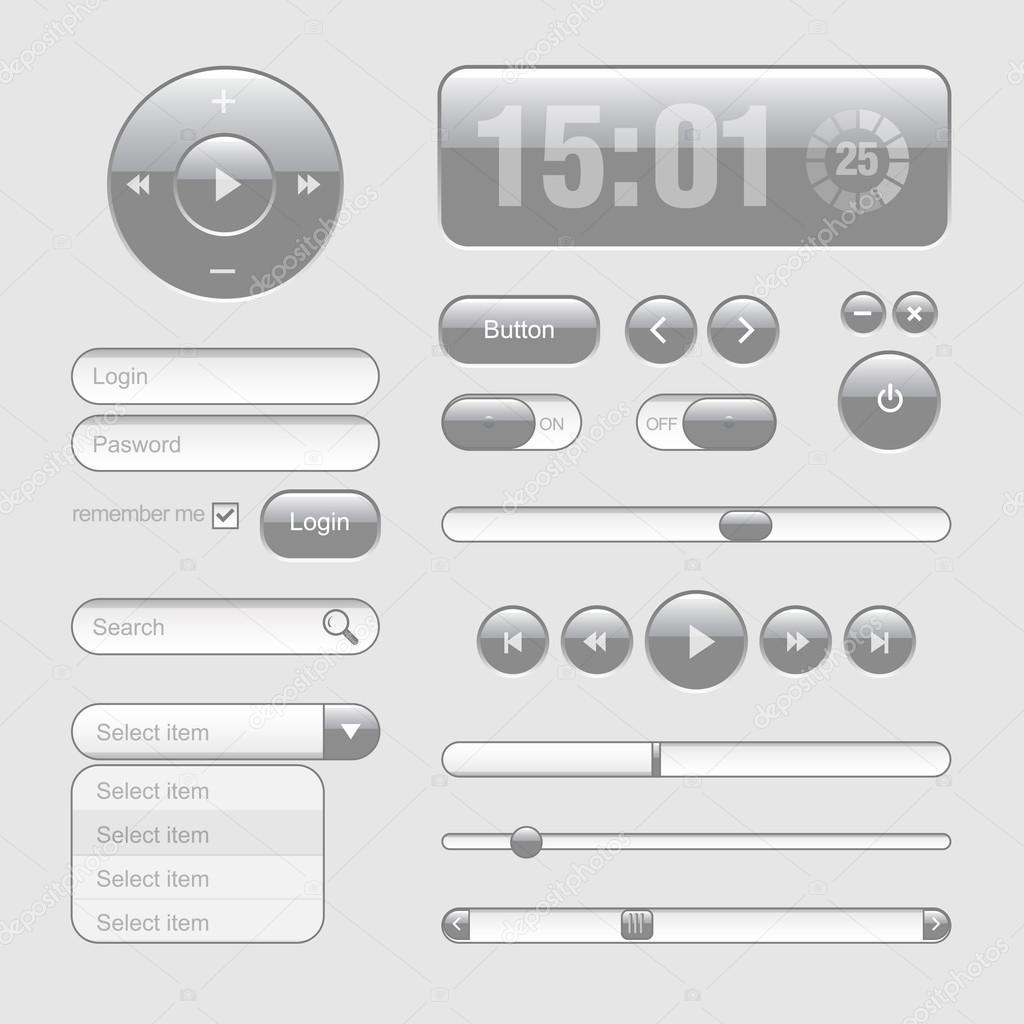 Light Web UI Elements Design Gray. Elements: Buttons, Switchers