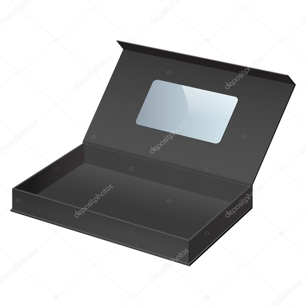 Realistic Black Package Cardboard Box Opened. For gifts, jewelry, electronic device and other things. Vector Illustration. On separate layers box and label