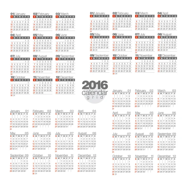 Calendario 2016. Ilustración vectorial — Vector de stock