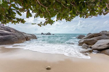 Güneşli gökyüzü olan tropik plajdan deniz manzarası. Koh Samui adasının yaz cenneti plajı. Tropikal sahil. Tayland 'da tropik deniz. Ufukta bulutlar olan egzotik yaz plajı. Okyanus kumsalı, rahatla, dışarı çık.