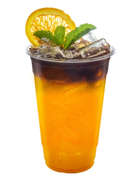 Ledová Americká Káva Míchaná Pomerančovým Džusem Plátky Pomeranče Mátovými Listy — Stock fotografie