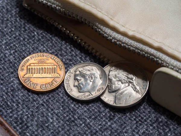 Oss dollar mynt placeras utanför plånboken. — Stockfoto