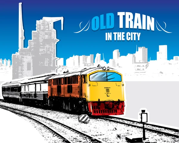 Old train on a rail road in the city. Vector illustration — Stock Vector