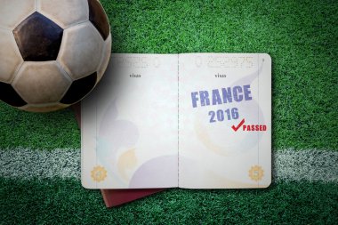 Fransa 2016 kavramı ile pasaport ve futbol topu yeşil çimenlerin üzerinde